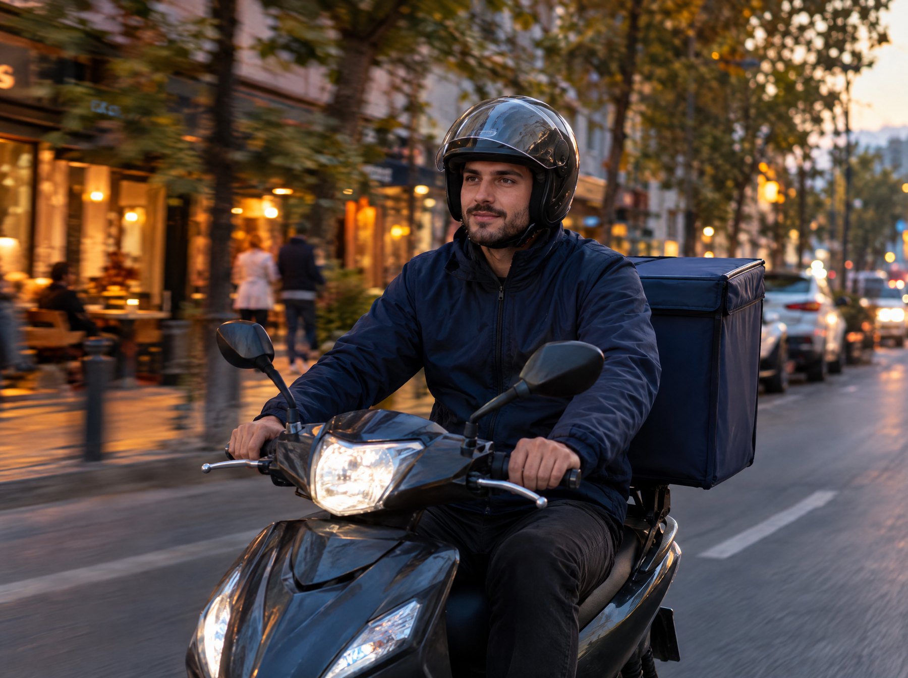 Akşamüstü şehir caddesinde teslimata giden motokurye