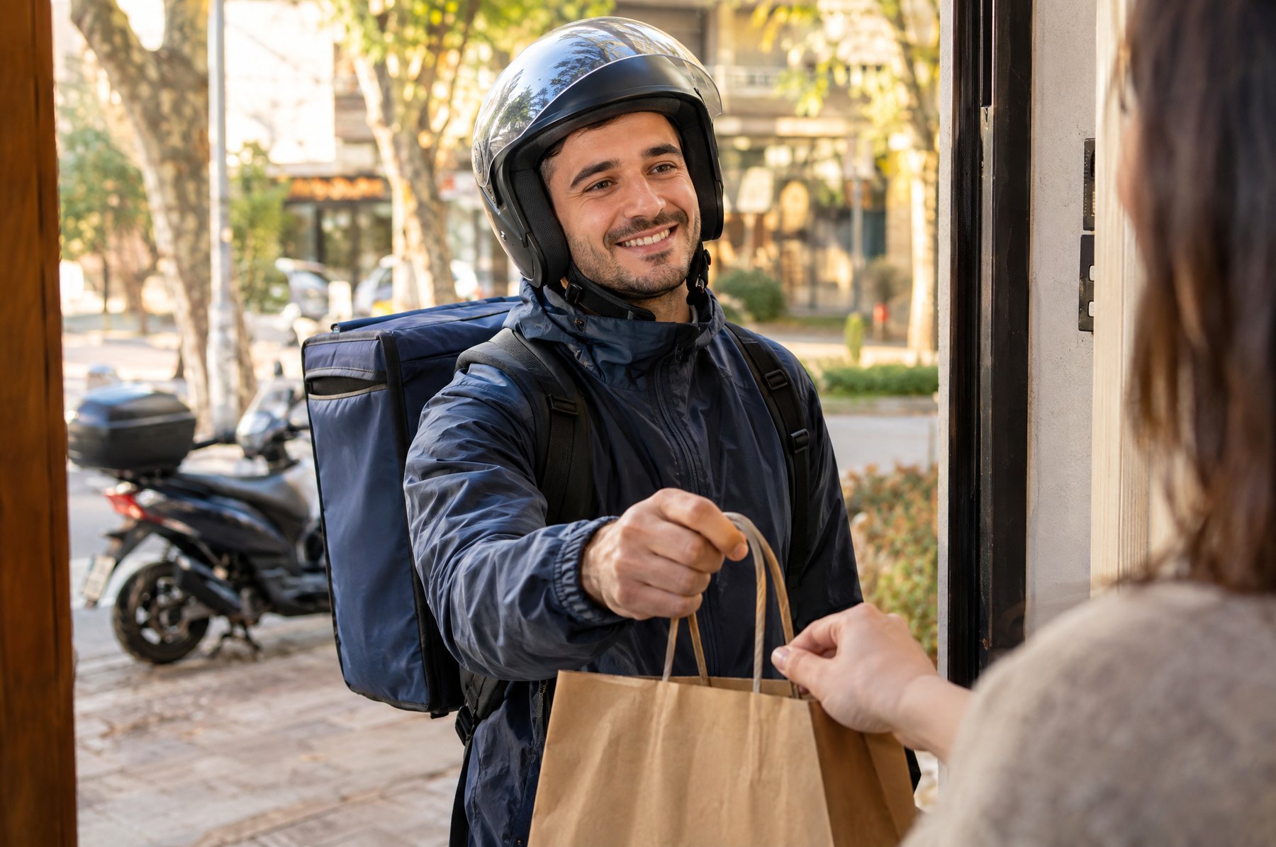 Apartman kapısında müşteriye paketini güler yüzle teslim eden motokurye