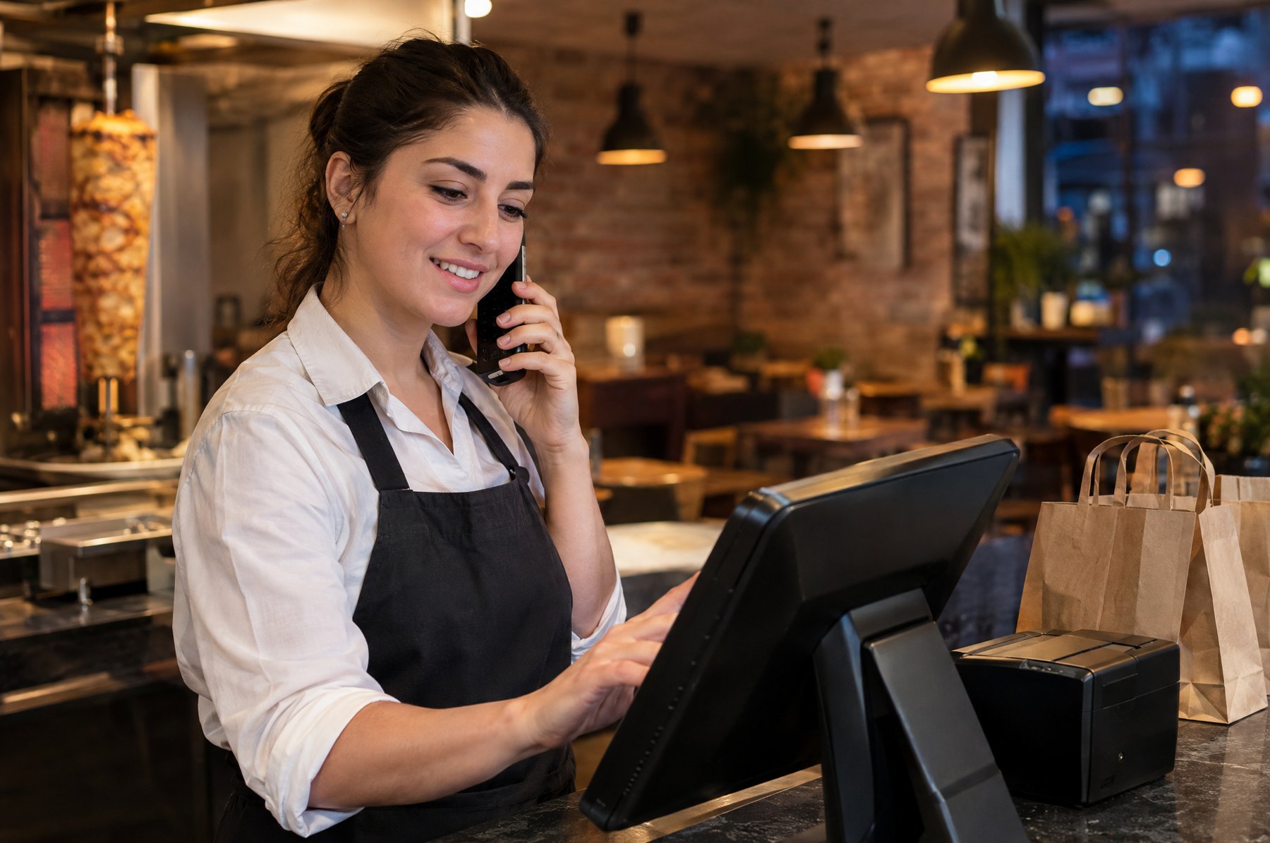 Tezgâhta telefonla sipariş alırken dokunmatik ekrana sipariş giren kasiyer